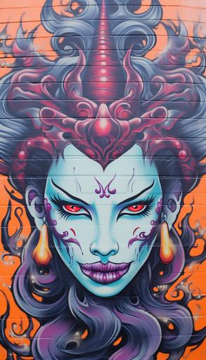 graffiti in a street mural of demon geisha head, in tribal flames, runecore tribal tattoo style, colorful, viking, runecore, white background --no splash --ar 4:7 --v 5.2