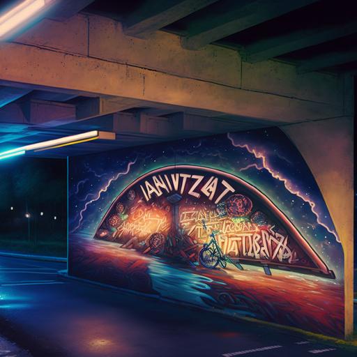 graffiti pizza on an underpass at night, up lighting, David tevenal, Dan Mumford --v 4