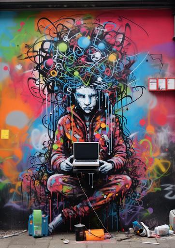 graffiti style drawing of a person on a computer screen --ar 10:14