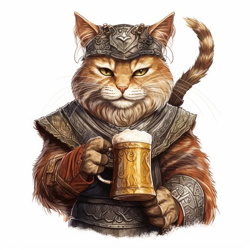 graffiti style drawing of a viking cat, wearing viking clothes, holding a mug of beer. The cat must have a Viking hat with horns, must wear a beard with braids. white background