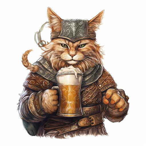 graffiti style drawing of a viking cat, wearing viking clothes, holding a mug of beer. The cat must have a Viking hat with horns, must wear a beard with braids. white background