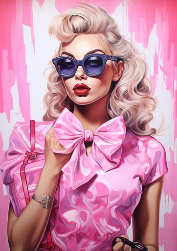 graffiti style drawing of attractive female, blond hair, pink lips, pink bows on dress, carring pink bags, pink sunglasses --ar 10:14