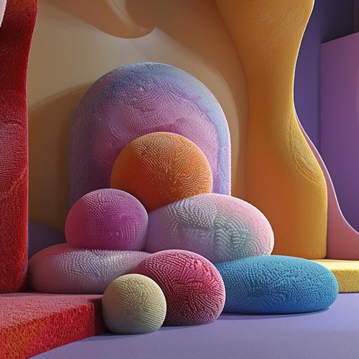 grafic shapes, fluffy shapes, matt colors, 3d, colors flouting around