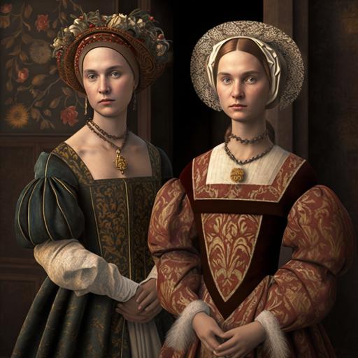A croset store promotional image about two model wear vintage croset, the overall picture is in the Renaissance style, 3D