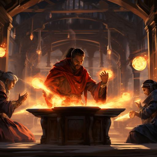 grand temple rpg character use fire magic at a table with other fire monks