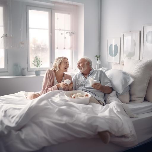grandfather is smiling and lying in bed, a woman is sitting next to him and feeding him with a spoon, against the backdrop of a bright room and white walls realistic photo shot on Canon EOS R6 Mark II Mirrorless