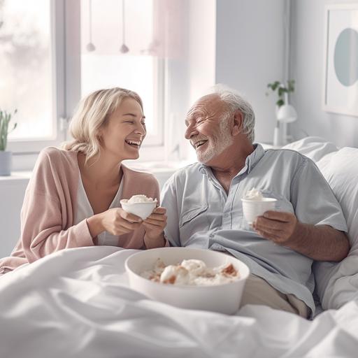 grandfather is smiling and lying in bed, a woman is sitting next to him and feeding him with a spoon, against the backdrop of a bright room and white walls realistic photo shot on Canon EOS R6 Mark II Mirrorless