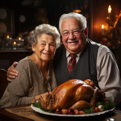 grandma carries roast turkey on a platter, grandpa sits nearby, christmas --s 750 --uplight