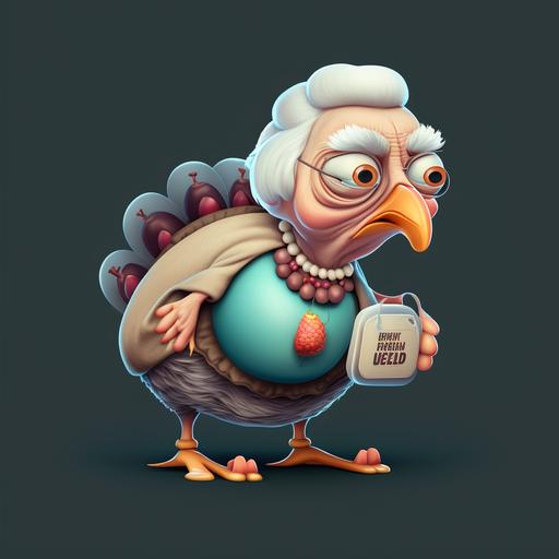grandma turkey holding an egg with a diaper on, cartoon style