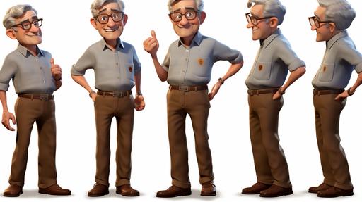 grandpa, brown hair, glasses,pixar, multiple expressions and poses, character sheet, blue shirt, tan pants --ar 16:9