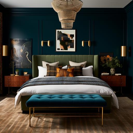 granmillennial bedroom with deep teal walls. It has stylish brass lamps on either side of the bed. the lamps are turned off. there is a white duvet, and folded on the foot of the bed there is a deep green folded blanket going across the bed. There is a bench with emerald green button-tufted fabric. the curtains are made of wool and are sage green color. The curtain rods are brass. the walls are 9-10 feet tall. visible in the top of the frame is an overhead sputnik light fixture.