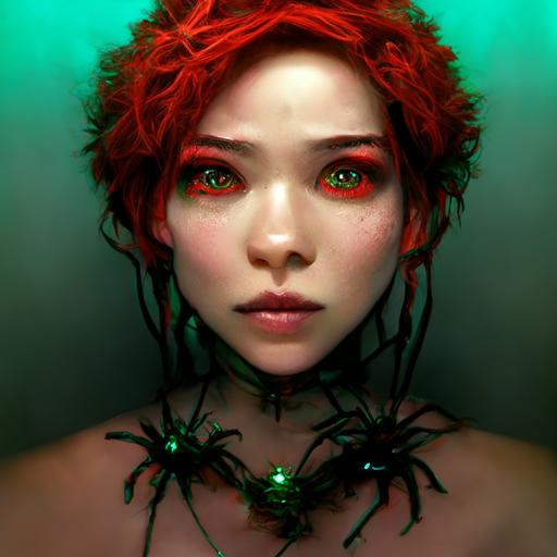 Modern woman, tarantula her face, mouth open, deep green eyes, spider's nest on her head, visible full body, feminine shapes, beautiful body, green and red hair, little spiders coming out of her mouth, terryfying, darkness, greedy, blue and white lights, fantasy, 8k, hyper detailed 3d render, highly detailed, ar-- 10: 10