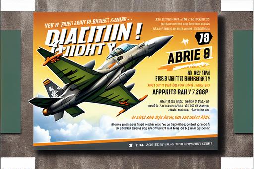 graphic design, happy celebration, jet-fighter themed invitation for 8th year birthday party --ar 3:2
