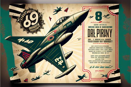 graphic design, happy celebration, jet-fighter themed invitation for 8th year birthday party --ar 3:2