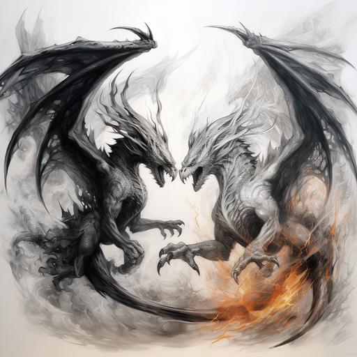graphic dragons, pencil drawing, flying dragons, full body drawing, dragons with wings, fighting with each other, dynamic movements, fire dragons
