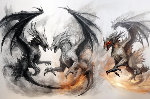 graphic dragons, pencil drawing, flying dragons, full body drawing, dragons with wings, fighting with each other, dynamic movements, fire dragons