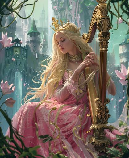 graphic novel, in the style of gustave dore, demsteader, a young princess of mermaid, blonde hair, pink gown, gold crown, is front from us and sitting with harp next to a castle, with a large stem, and lily vines falling down, --ar 9:11 --v 6.0