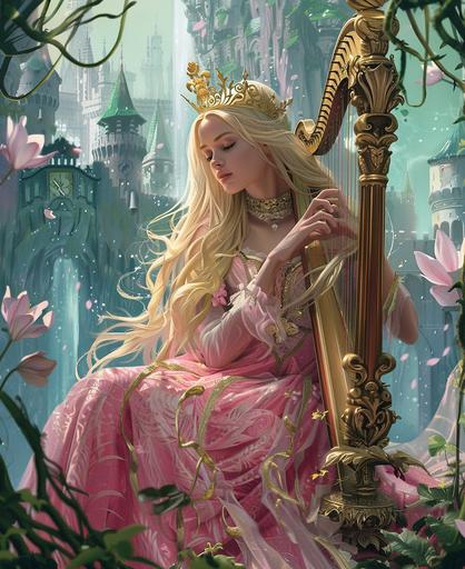 graphic novel, in the style of gustave dore, demsteader, a young princess of mermaid, blonde hair, pink gown, gold crown, is front from us and sitting with harp next to a castle, with a large stem, and lily vines falling down, --ar 9:11