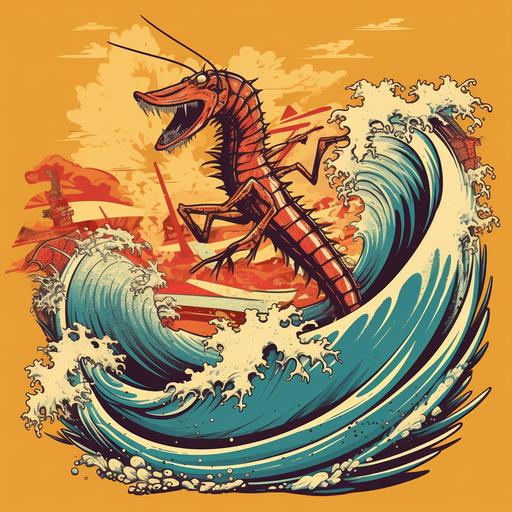 graphic surfing shrimp riding wave hawaii cartoon retro steve nazar