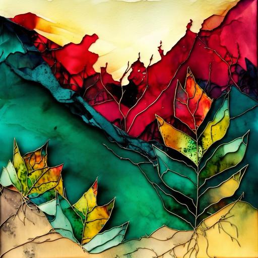 graphic using alcohol ink and watercolors in the style of Sim Lyriti. use bold lines. colors: ruby red, emerald green, citrine yellow, saphire blue