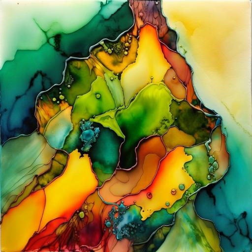 graphic using alcohol ink and watercolors in the style of Sim Lyriti. use bold lines. colors: ruby red, emerald green, citrine yellow, saphire blue