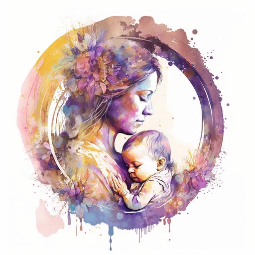 graphic vector watercolor, colorful, being sensitive, Purple, lilac, golden-yellow, green, blue, champagne, brown color, healing power, a mother with her newborn child, circle, illustration--v 4 --q 1 --s 100 --v 4