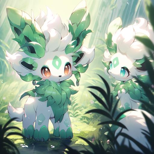 grass pokemon character for a card game, a second big grass tupe pokemon on the right, monochrome white and green, cartoon, style illustration, detailed, gorgeous, concept art, no text, no numbers --niji 5