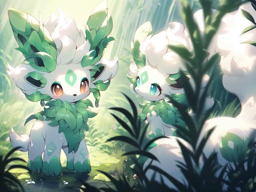 grass pokemon character for a card game, a second big grass tupe pokemon on the right, monochrome white and green, cartoon, style illustration, detailed, gorgeous, concept art, no text, no numbers --niji 5