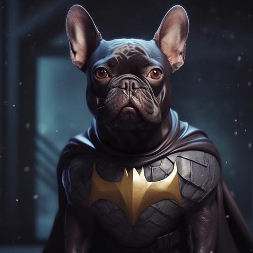 gray french bulldog as batman. Realistic