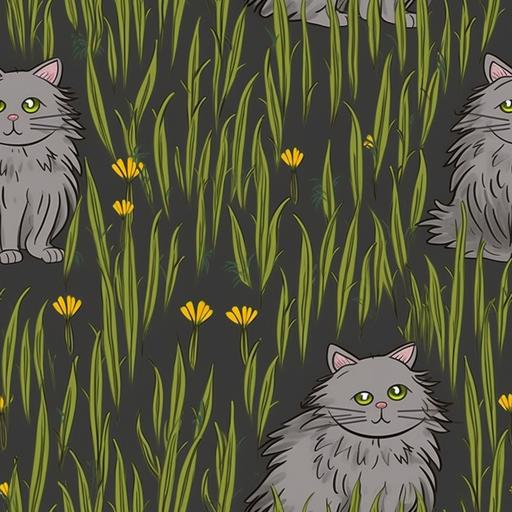 gray longhair cat with yellow eyes and grass --tile --s 750 --q 2