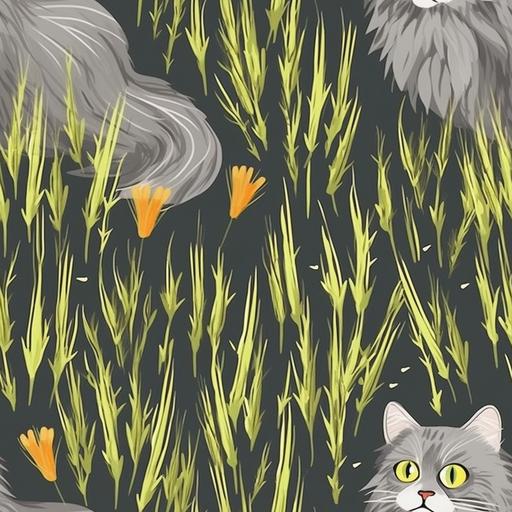 gray longhair cat with yellow eyes and grass --tile --s 750 --q 2