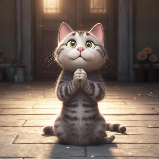 gray tabby cat begging to be petted. In the Hanna barbbera style of animation.