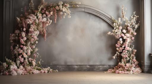 gray wall and wooden floor in an abandoned room 3d rendering, in the style of victorian era, metallic texture, plaster, large-scale muralist, smokey background, matte photo, minimalist stage designs:: trailing pink and cream cascading real flowers, arch --ar 128:71