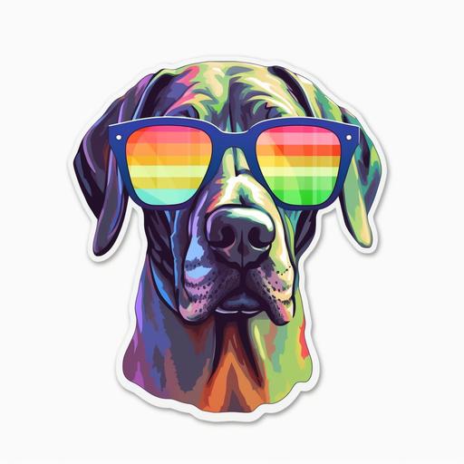 great dane cartoon wearing rainbow sunglasses on white background sticker