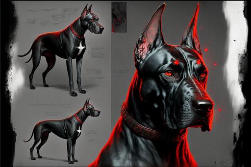 great dane, dog, black fur, concept art, red glowing eyes, silver collar, white bone markings, character sheet --ar 3:2 --q 2 --v 4