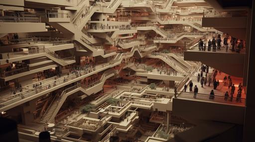 greeble shopping mall crowd, by M. C. Escher and Frank Lloyd Wright, counterstrike map, photograph by leica s3 --ar 16:9 --seed 6500 --style raw