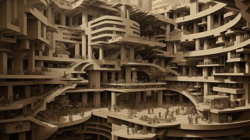 greeble shopping mall crowd, by M. C. Escher and Frank Lloyd Wright --ar 16:9 --seed 6500 --style raw