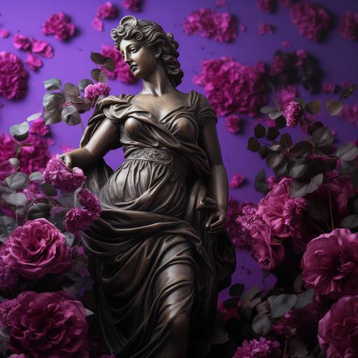 greek goddess statue, surrounded by purple roses,V4, ar 16:9, Photographic high-resolution image, with t .ex. long shutter speeds and strong contrast, TEXTURE, SHADOWS, LIGHTING, STYLE, ULTRA-DETAILED, PHOTO REALISTIC, PHOTO REALISM, up beta