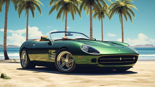 green 2002 Ferrari Daytona Spyder, From ‘Miami Vice parked on a beach near the ocean and sand dunes, a digital rendering, photorealism --ar 16:9