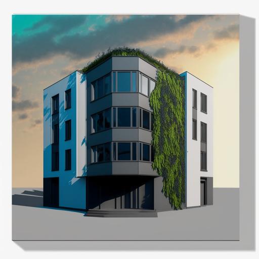 green algue and ivy fassade, fotorealistic, part with light gray wooden panels, golden sunset , blue sky with golden clouds, green roof plants hanging down --v 4