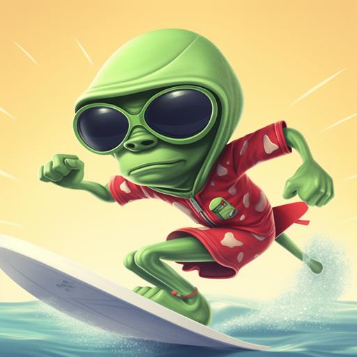 green alien cartoon surfing big wave, wearing shorts, red cap, sun glasses