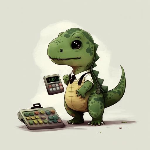 green baby dinosaur with a formal suit and calculator, cute, cartoon