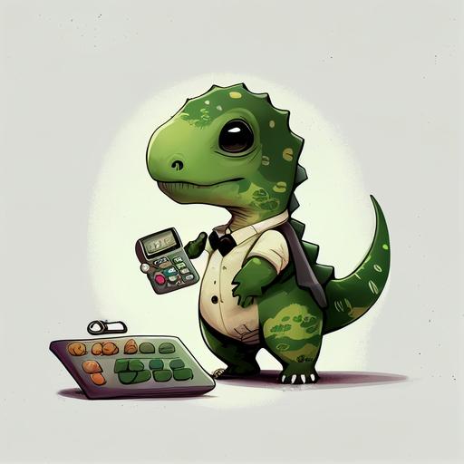 green baby dinosaur with a formal suit and calculator, cute, cartoon