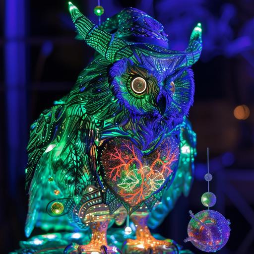 green backlit horned owl, fiber optic feathers, rainbow led heart and circulatory system drawing, wizards blue hat, orbiting celestial objects aglow. --v 6.0