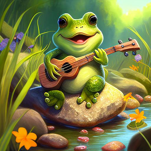 green cartoon frog holding ukulele, with smile, sitting on stone, with long grasses around, ultra vibrant