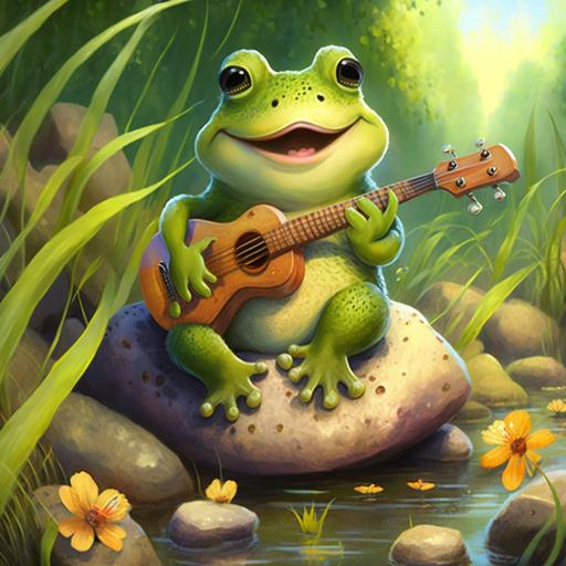 green cartoon frog holding ukulele, with smile, sitting on stone, with long grasses around, ultra vibrant