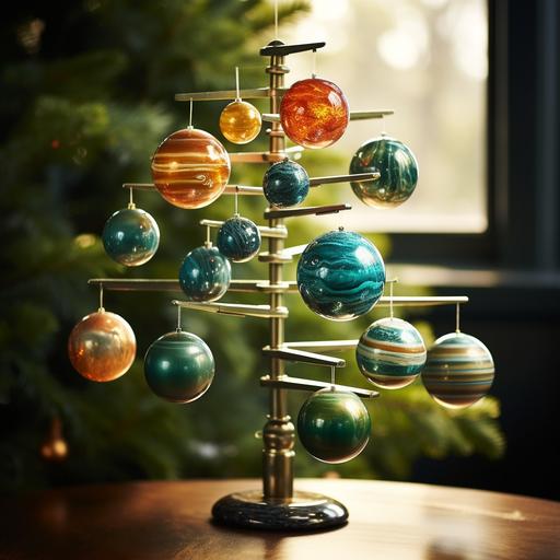 green christmas tree with ornaments like planets solar system 5 in the top is sun