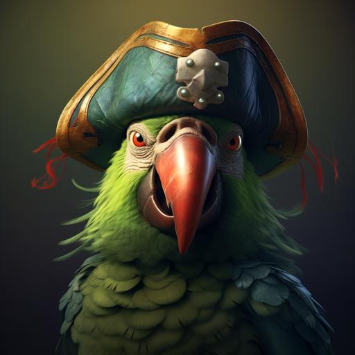 green chubby eclectus parrot cartoon bird wearing pirate hat