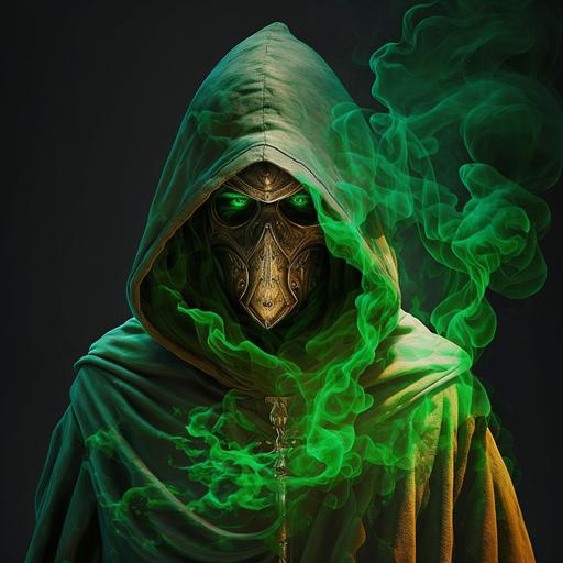 green cloak bishop casting poisonous spell, green eyes, green hood, mask, toxic, withering, poisonous gas, casting spell, wizard of poison, green cloak masked wizard