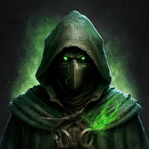 green cloak bishop casting poisonous spell, green eyes, green hood, mask, toxic, withering, poisonous gas, casting spell, wizard of poison, green cloak masked wizard